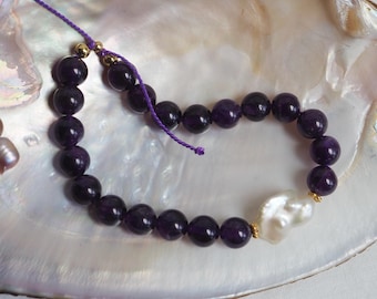 Purple Amethyst and White Pearl Adjustable Bracelet with Gold Accents