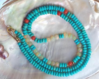 Handmade Triple-Gem Necklace, Kingman Turquoise, Ethiopian Opal, Sardinian Coral, 14k Gold Clasp