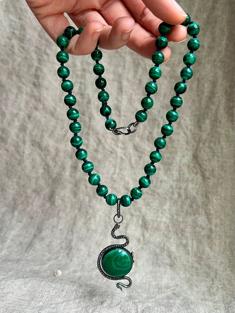 Cosmic Serpent Necklace, Malachite Snake, Large Snake Pendant, Malachite Statement Necklace, Snake Jewelry, Silver Snake 18 Necklace Beaded image 6