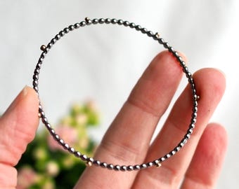 Stackable Dark Silver and Gold Hammered Bangle Bracelet, Mixed Metal Bangle with Gold Dots