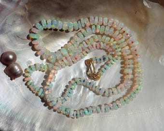 Colorful Ethiopian Opal Necklace Hand-Knotted Graduated Rainbow Beads 18" Long with 14k Gold Clasp
