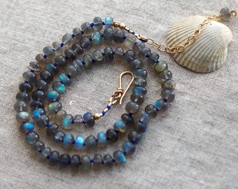 Aurora Borealis Necklace with Hand-Knotted Shimmery Blue Labradorite Beads