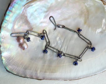 Darkened Sterling Silver Paperclip Chain Bracelet with Lapis Lazuli Dangles