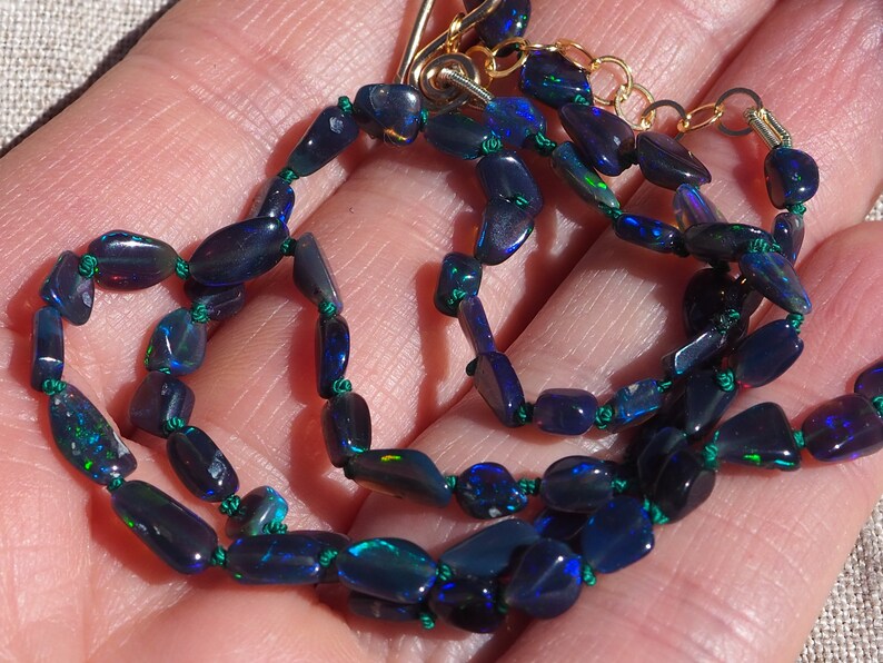 Opal Nugget Necklace Gold Hand-Knotted Silk, Candy Style Beads, Gem Candy Necklace, Graduated Black Opal, Dark Blue Opal Layering Necklace image 7