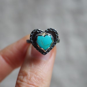 Turquoise Heart Ring, Silver Heart Ring, Stamped Heart Ring, Blue Heart, Kingman Turquoise, Dark Silver Ring, American turquoise, Love Ring image 1