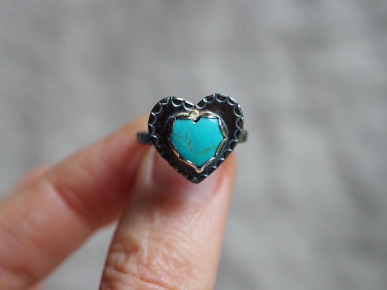 Turquoise Heart Ring, Silver Heart Ring, Stamped Heart Ring, Blue Heart, Kingman Turquoise, Dark Silver Ring, American turquoise, Love Ring image 1