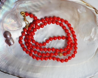 Italian Red Coral Necklace, Hand Knotted on Red Silk with 18k Gold Clasp,  19” Layer Sardinian Coral