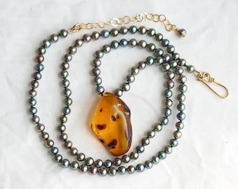 Organic Baltic Amber Pendant and Peacock Pearl Necklace Hand-Knotted on Green Silk