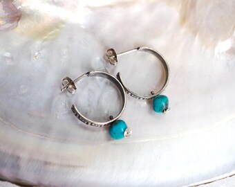 Sterling Silver Greek Key Meander Open 3/4 Hoop Earrings with Turquoise