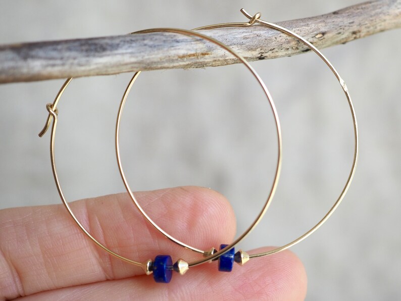 Large Gold Hoops, Gold Earrings, Lapis Hoops, Thin Gold Hoops, Gold Lapis Earrings, 2 Inch Gold Hoops, Gold Hoop Earrings, Minimal Earrings image 2