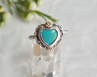Hand Stamped Milagro Heart Ring with Turquoise, Sterling Silver with 14k Gold