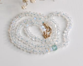 Pale Blue Rainbow Moonstone & Aquamarine Hand Knotted Necklace