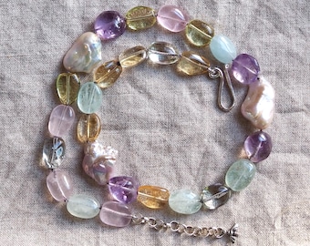 Multi Gem Soft Pastel Necklace with Jumbo Pearl