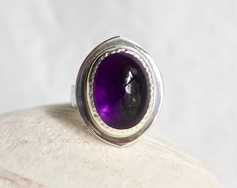 Deep Purple Nebula Amethyst Ring, with Hand-Stamped Dotted Bezel