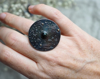 Celestial Journey Opal Ring, Hand Stamped Sterling Silver and 14k Gold