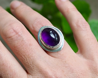 Deep Purple Nebula Amethyst Ring, with Hand-Stamped Dotted Bezel