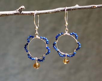 Lapis Petal Drop Earrings, Citrine Dangle Hoops, Gold and Blue Earrings, Dainty Flower Gold Hoops, Beaded Gold Hoops, Boho Chic, Blue Flower