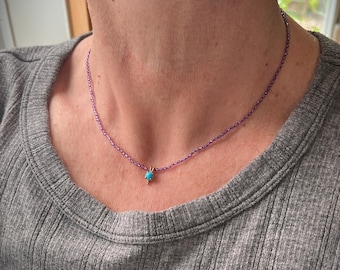 Dainty Rose de France Amethyst Knotted Beads with 14k Gold Turquoise Charm