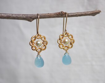 Blue Santa Maria Aquamarine and Grey Akoya Pearl Gold Dangle Earrings