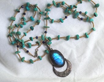 Blue Labradorite Crescent  Moon Pendant with Natural Turquoise Beads