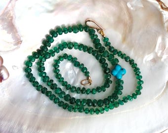 Vivid Green Faceted Emerald and Carved Turquoise Clover Hand Knotted Necklace with Gold Clasp