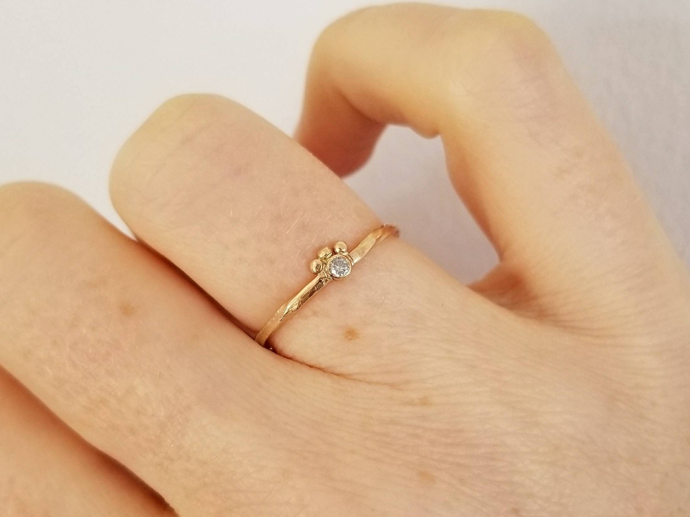 Unique 14k Gold Crowned Genuine Diamond Ring, Baby Diamond Ring