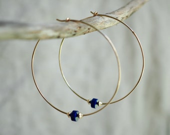 Large Gold Hoops, Gold Earrings, Lapis Hoops, Thin Gold Hoops, Gold Lapis Earrings, 2 Inch Gold Hoops, Gold Hoop Earrings, Minimal Earrings