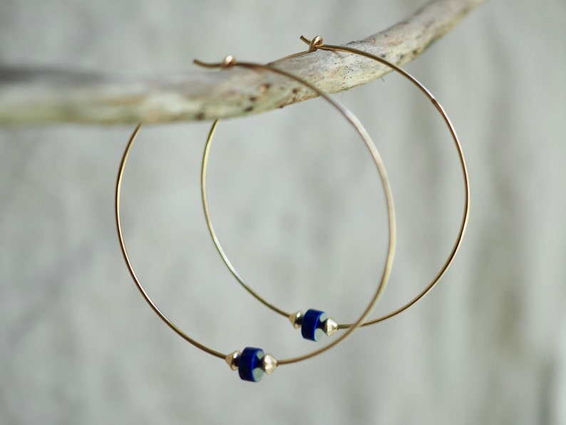 Large Gold Hoops, Gold Earrings, Lapis Hoops, Thin Gold Hoops, Gold Lapis Earrings, 2 Inch Gold Hoops, Gold Hoop Earrings, Minimal Earrings image 1