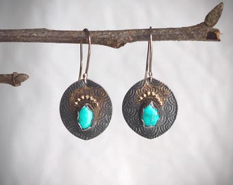 Turquoise Peacock Eye  Earrings with 14k Gold Accents