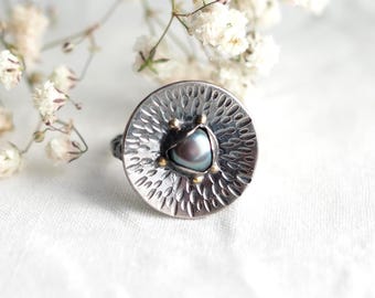 Dark Silver Pearl Seed Pod Ring, Hand Stamped Mixed Metal Silver and 14k Gold