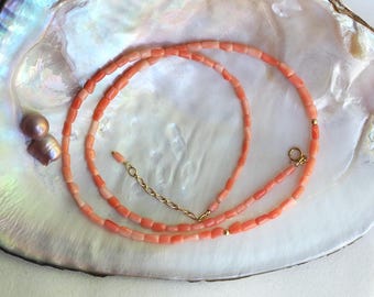 Dainty Japanese Pink Momo Coral Necklace with 14k Gold Accents & Adjustable 16-17” Length