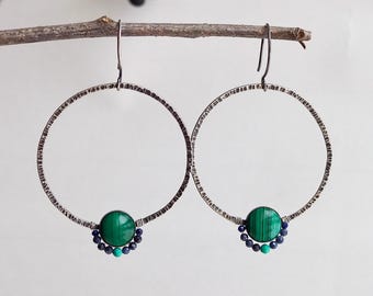 Large Sterling Silver Hammered Hoop Earrings with Malachite and Beaded Accents