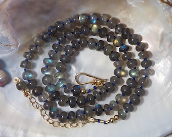 Aurora Borealis Necklace with Hand-Knotted Shimmery Blue Labradorite Beads