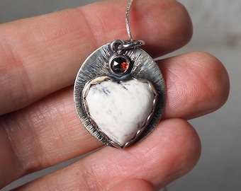 White Buffalo Turquoise Heart Pendant with Garnet