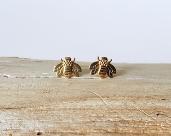 Small Bumble Bee Earrings, Solid 14k Gold