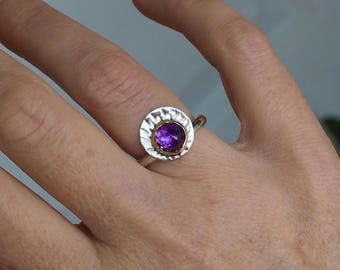 Hand Stamped Mixed Metal Ring with Rose Cut Amethyst, Sterling Silver and 14k Gold