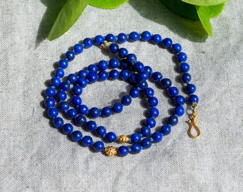 18k Gold Lapis Hand Knotted Candy Style Luxe Beads, 19” Layering Necklace