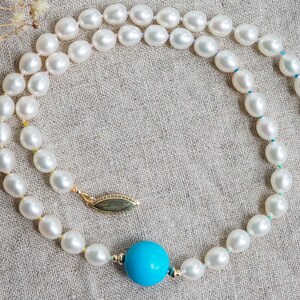 White Pearl Choker, Pearls and Turquoise necklace, Gold Pearl Necklace, Knotted Pearls 14k, Wedding Necklace, Rainbow Silk Pearls image 1