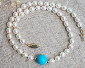 White Pearl Choker, Pearls  and Turquoise necklace, Gold Pearl Necklace, Knotted Pearls 14k, Wedding Necklace, Rainbow Silk Pearls