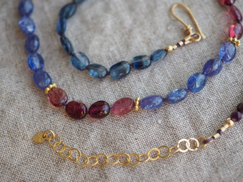 Multi Gem Necklace, Kyanite Garnet Tanzanite Tourmaline Ruby, Gold Gem Necklace, Candy Style Knotted Blue and Red Beads, Mixed Gem Necklace image 9