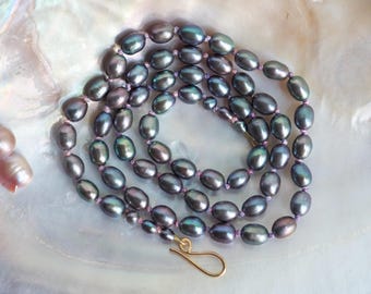 Peacock Pearls Hand Knotted on Hydrangea Purple Silk with Necklace Solid 14k Clasp