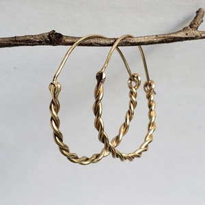 Solid 14k Gold Hoops, Hand Twisted Hoops, Medium Size Round Earrings, 14k Gold Earrings, Ancient Earrings, 1 inch Hoops, Handmade Gold Hoops image 4