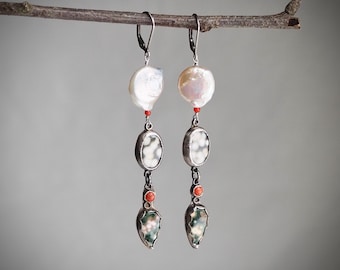 Octopus' Garden Ocean Jasper Earrings with Pearls and Italian Coral