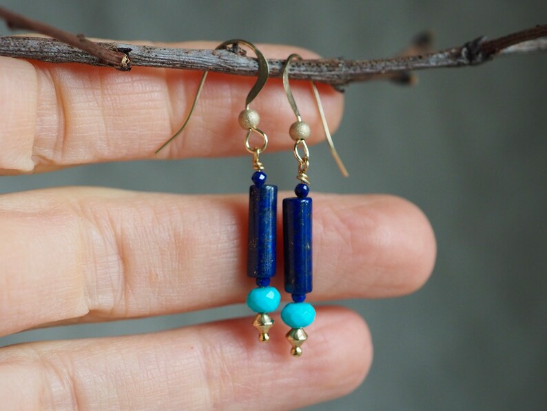 Lapis Lazuli Earrings, Lapis and Turquoise, Lapis Dangle, Drop Earrings with Gems, Lapis Turquoise Earrings, Gold Lapis Earrings, Blue Gem image 7