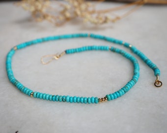 Turquoise Beaded Necklace, Gold Kingman Turquoise Necklace, Candy Style American Turquoise, 17” Layer Turquoise Beads, 14k Beaded Necklace