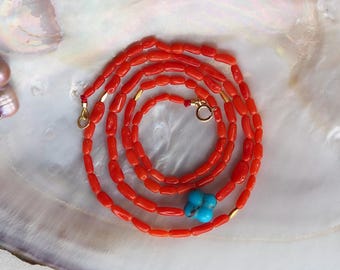 Natural Red Italian Coral Necklace with 18k Gold Beads and Blue Turquoise Clover