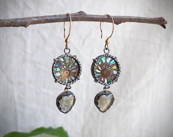 Fossil Ammonite Earrings with Crystal Quartz Hearts