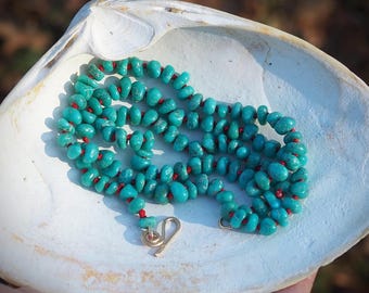 Natural Organic Whitewater Turquoise Necklace Hand Knotted on Red Silk with Gold Clasp
