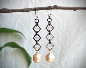 Sterling Silver Herkimer Diamond Lotus Earrings with Peach Pearls