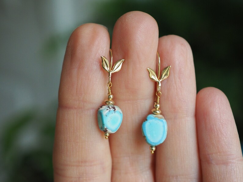 14k Turquoise Earrings, Golden Hills Turquoise Dangle, Lavender Turquoise Nugget, Small Dangle Earrings, Freeform Mismatched Gold Earrings image 8